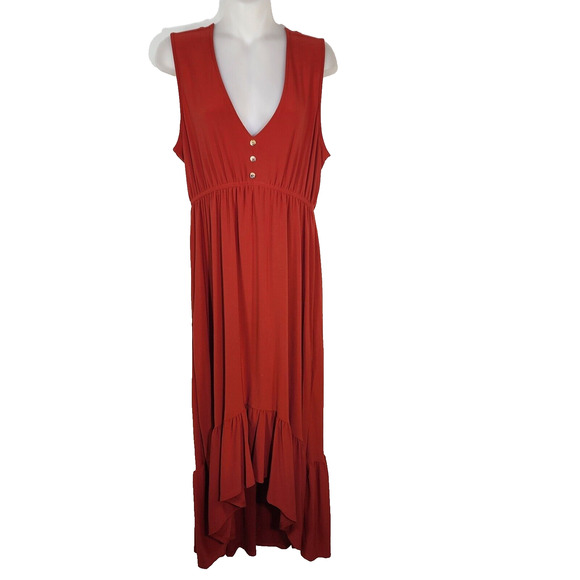 Emma & Michele Women Maxi Dress Medium Red Empire Waist Sleeveless V Neck Hi Low - Picture 1 of 10